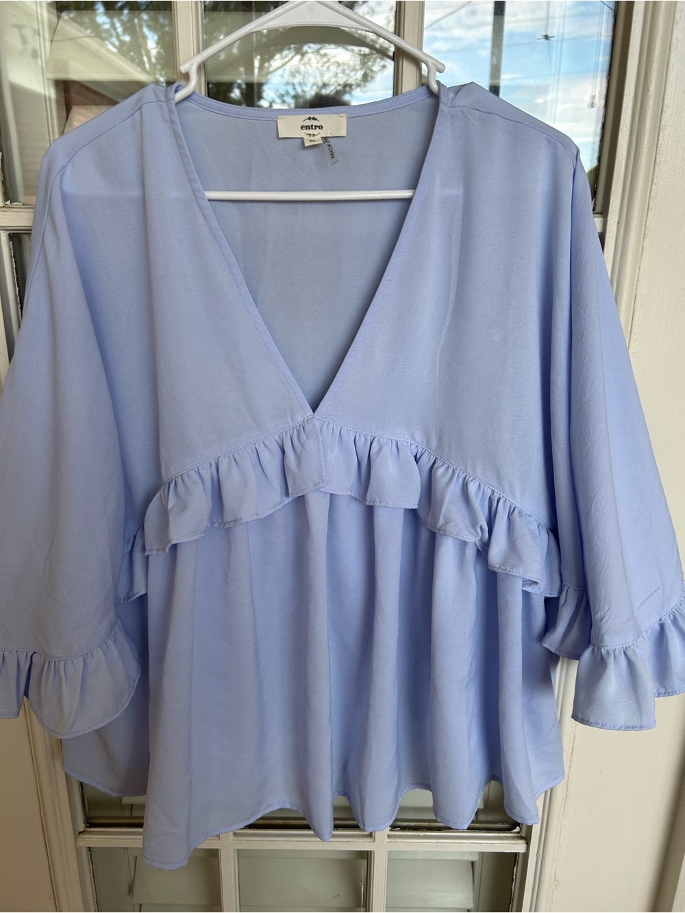 entro Powder Blue Ruffle V-Neck Tunic Top